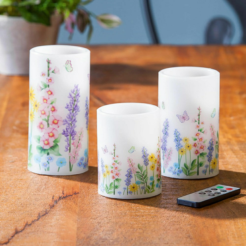 Flameless Pillar Candles with Floral Designs, Set of 3 | Plow & Hearth