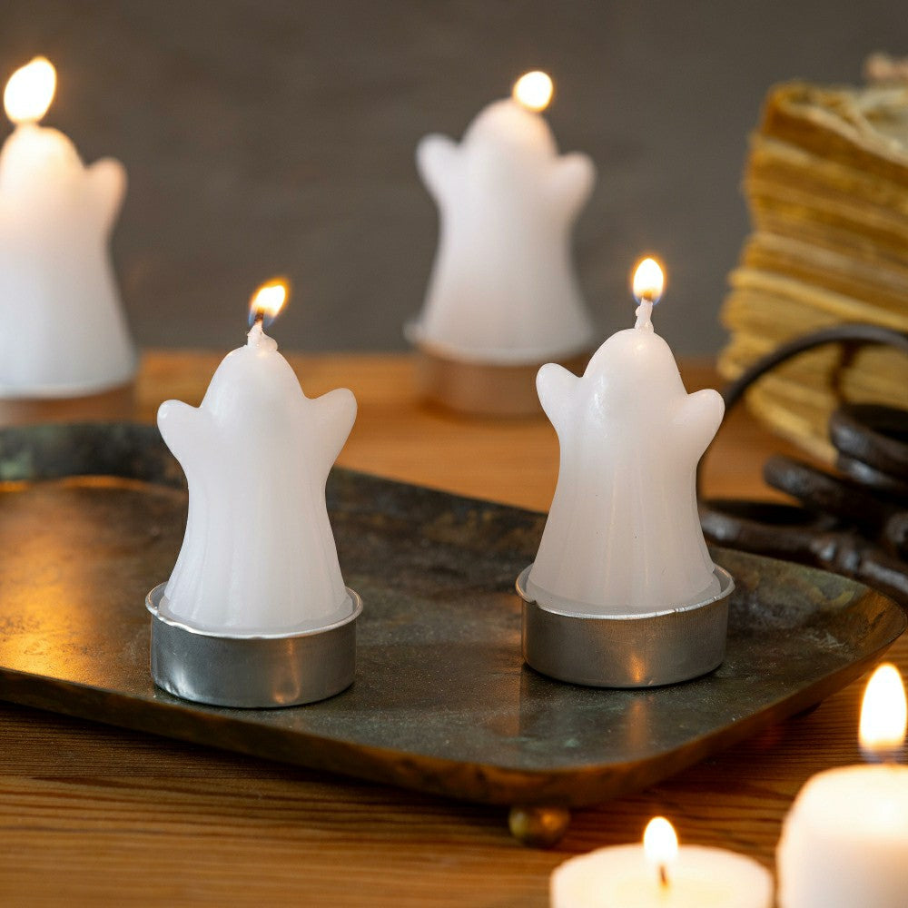 Happy Hauntings, Ghost Tealight Wax Candle, Set of 4 | Plow & Hearth