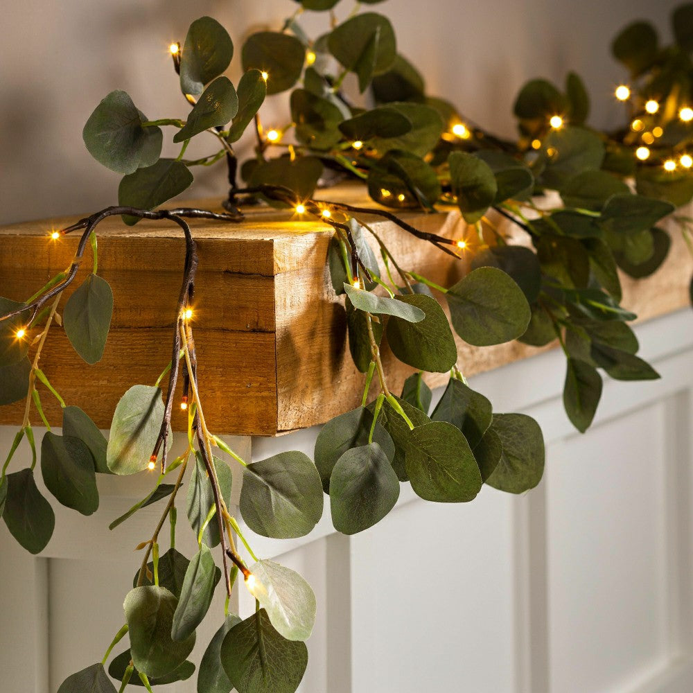 Indoor/Outdoor Battery-Operated Lighted Eucalyptus Garland | Plow & Hearth