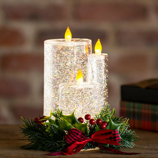 8" LED Spinning Water Candle with Artificial and Bow | Plow & Hearth