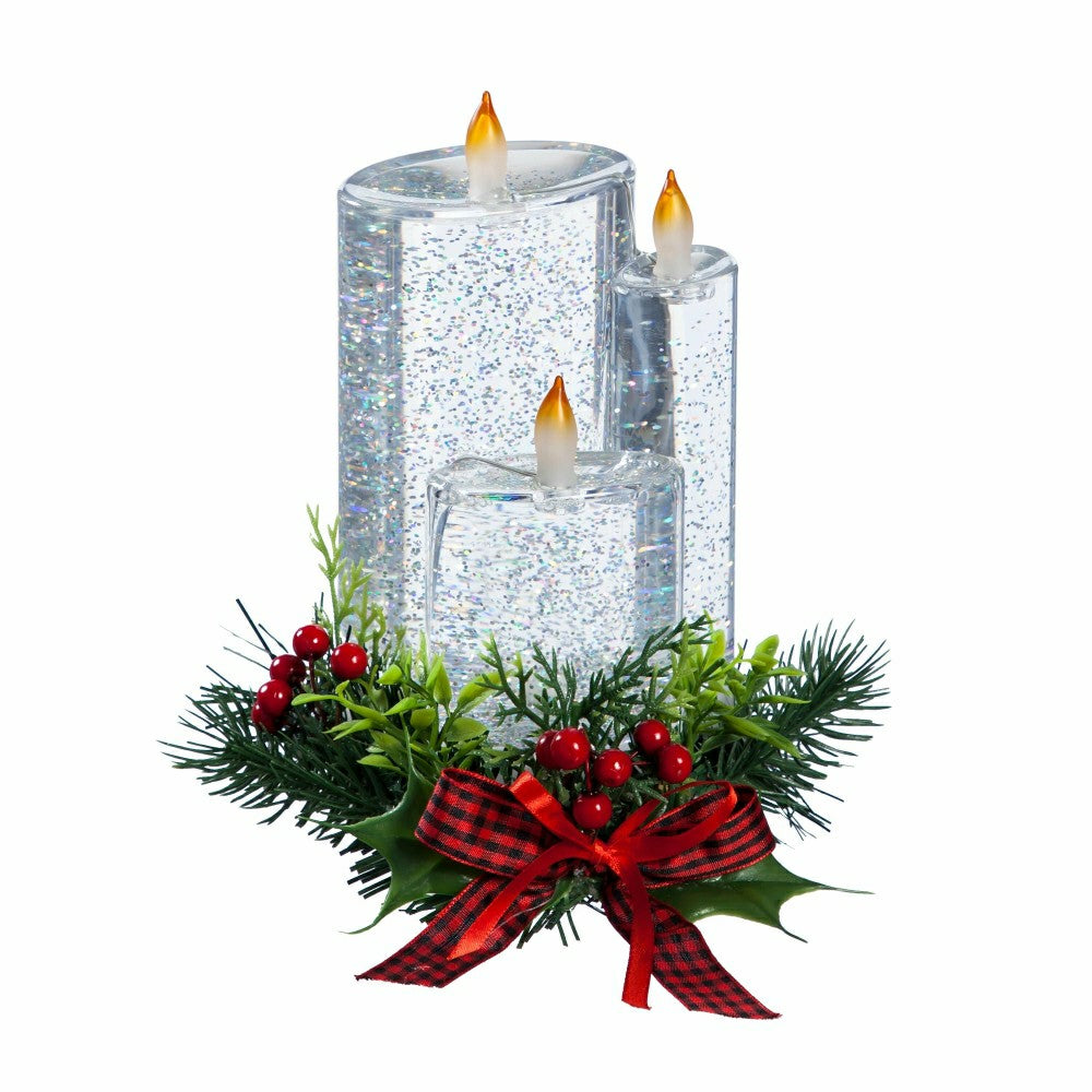 8" LED Spinning Water Candle with Artificial and Bow | Plow & Hearth