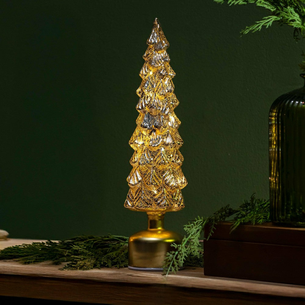 Shades of Emerald LED Table Decor Tree Shaped Rotating Metallic Glass, | Plow & Hearth