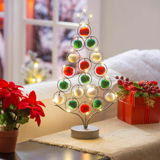 LED Tree with Pom Pom Ornaments Metal Table Décor, 16" | Plow & Hearth