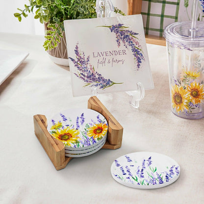 Lavender Fields Round Coasters w/ Caddy, Set of 4, Gift Box | Plow & Hearth