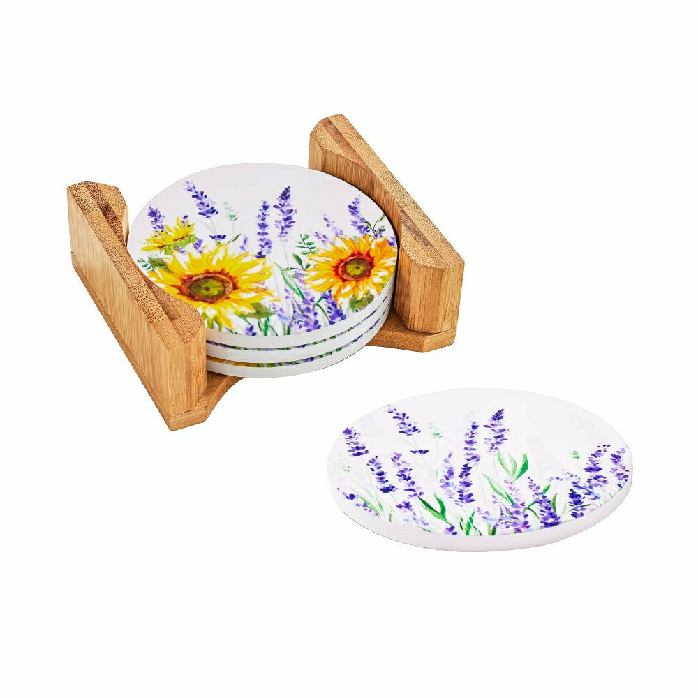 Lavender Fields Round Coasters w/ Caddy, Set of 4, Gift Box | Plow & Hearth