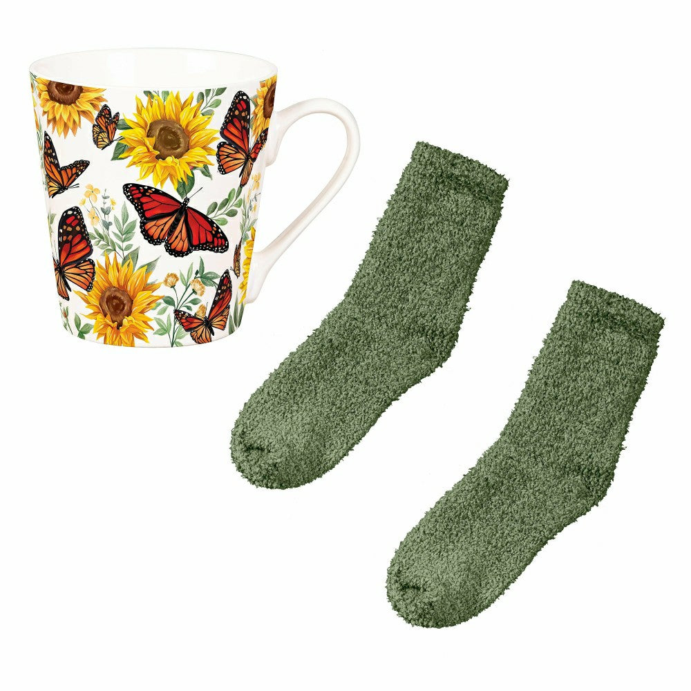 Butterfly Ceramic Flare Cup and Sage Socks Gift Set, 12oz, Gift Box | Plow & Hearth