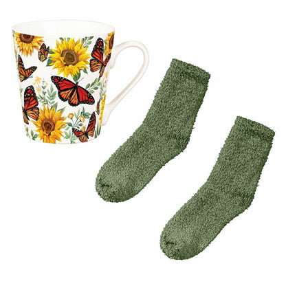 Butterfly Ceramic Flare Cup and Sage Socks Gift Set, 12oz, Gift Box | Plow & Hearth