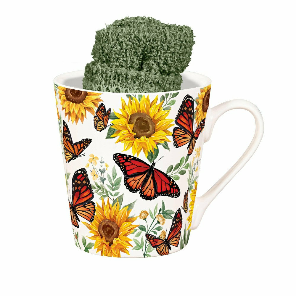 Butterfly Ceramic Flare Cup and Sage Socks Gift Set, 12oz, Gift Box | Plow & Hearth