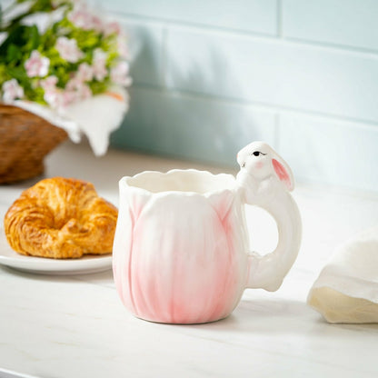 Bunny Blooms Coffee Cup Ceramic Sculpted Flower with Bunny Handle, 17. | Plow & Hearth