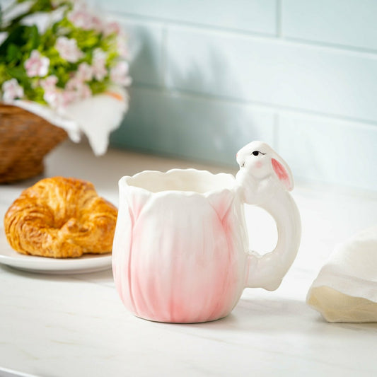 Bunny Blooms Coffee Cup Ceramic Sculpted Flower with Bunny Handle, 17. | Plow & Hearth