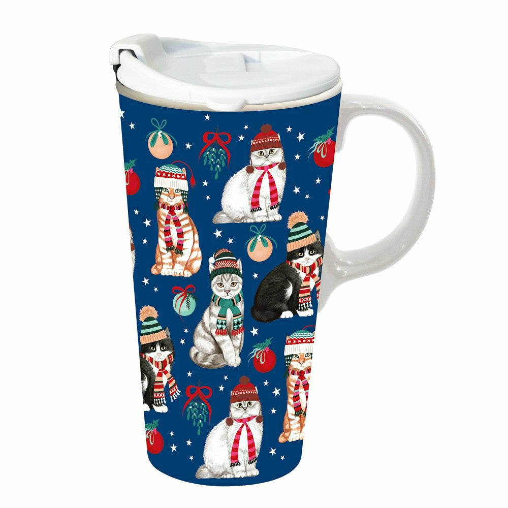 Ceramic Perfect Travel Cup, 17oz, w/ Gift Box, Winter Cats | Plow & Hearth