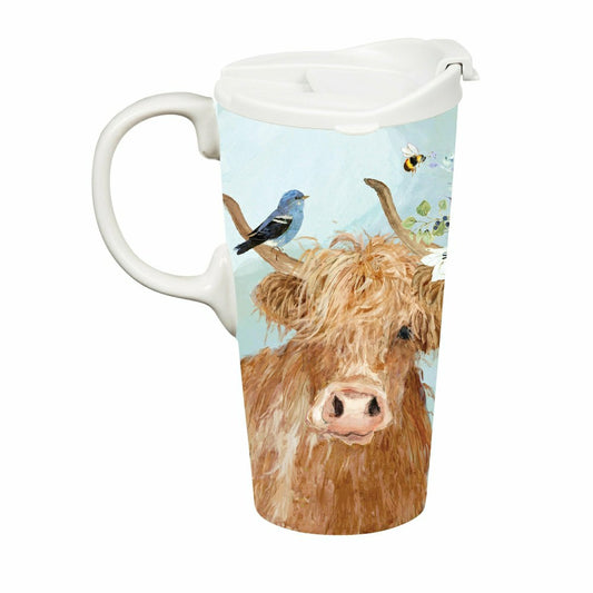 Hillside Pasture Travel Cup Ceramic Perfect Cup, Farm Highland Brown C | Plow & Hearth