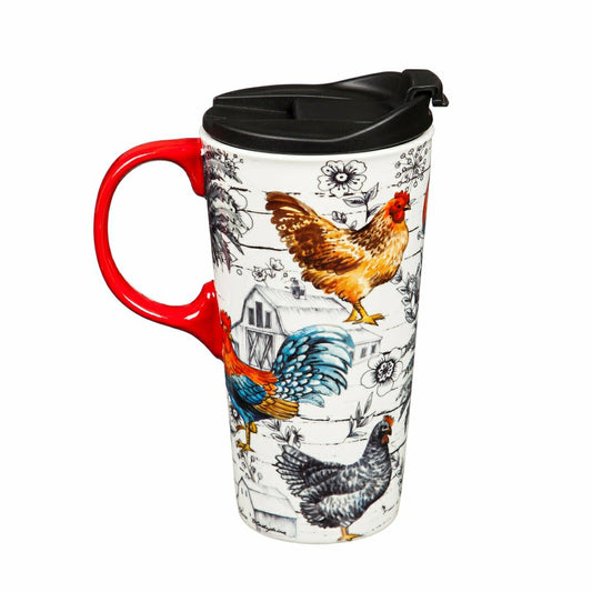 Hillside Pasture Travel Cup Ceramic Perfect Cup, Chicken Collage, 17oz | Plow & Hearth