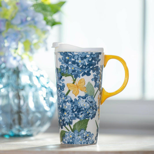 Seaside Retreat Travel Cup Ceramic Perfect Cup, Blue Hydrangeas, 17oz, | Plow & Hearth