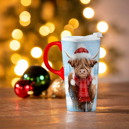 Holly Homestead Travel Cup Ceramic Perfect Cup, Highland Cow, 17oz, Gi | Plow & Hearth