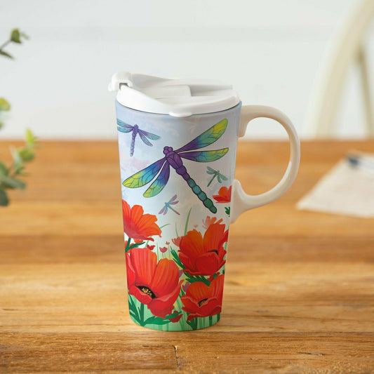 Pollinator Garden Travel Cup Ceramic Perfect Cup, Dragonfly and Poppie | Plow & Hearth