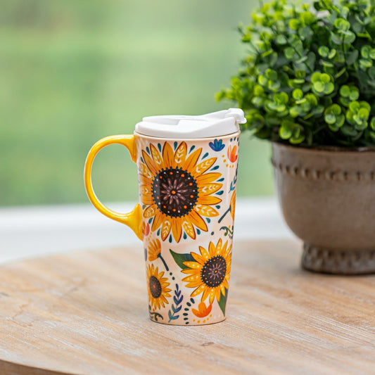 Folk Sunflower Ceramic Perfect Cup, 17oz, Gift Box | Plow & Hearth