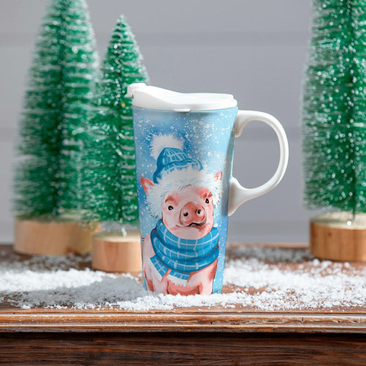Holly Homestead Travel Cup Ceramic Perfect Cup, Pig, 17oz, Gift Box | Plow & Hearth