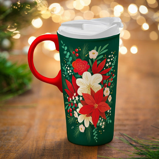 Holiday Poinsettia Travel Cup Ceramic Perfect Cup, Poinsettia Bouquet, | Plow & Hearth