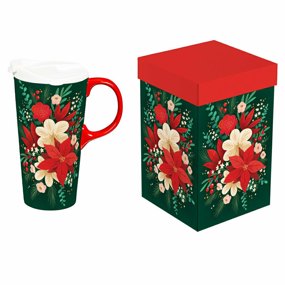 Holiday Poinsettia Travel Cup Ceramic Perfect Cup, Poinsettia Bouquet, | Plow & Hearth