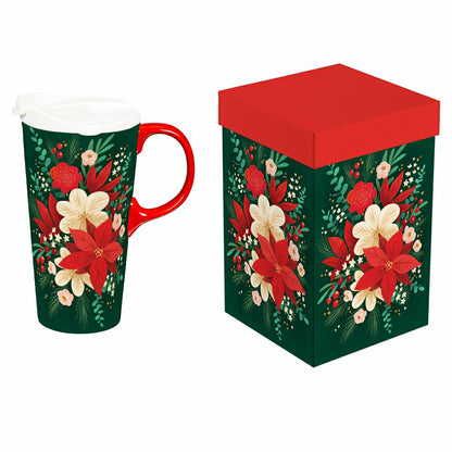Holiday Poinsettia Travel Cup Ceramic Perfect Cup, Poinsettia Bouquet, | Plow & Hearth