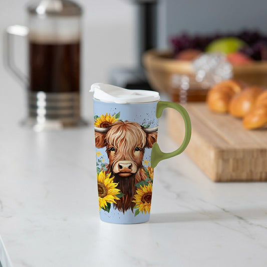 Harvest Blossom Highland Cow and Sunflowers Ceramic Perfect Cup, 17oz, | Plow & Hearth