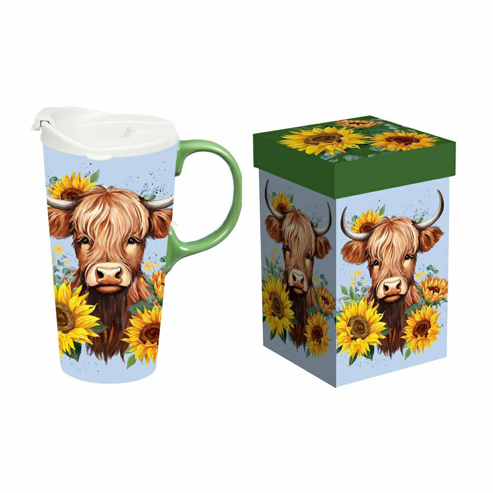 Harvest Blossom Highland Cow and Sunflowers Ceramic Perfect Cup, 17oz, | Plow & Hearth