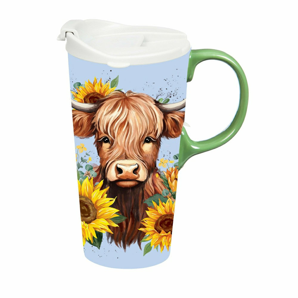 Harvest Blossom Highland Cow and Sunflowers Ceramic Perfect Cup, 17oz, | Plow & Hearth