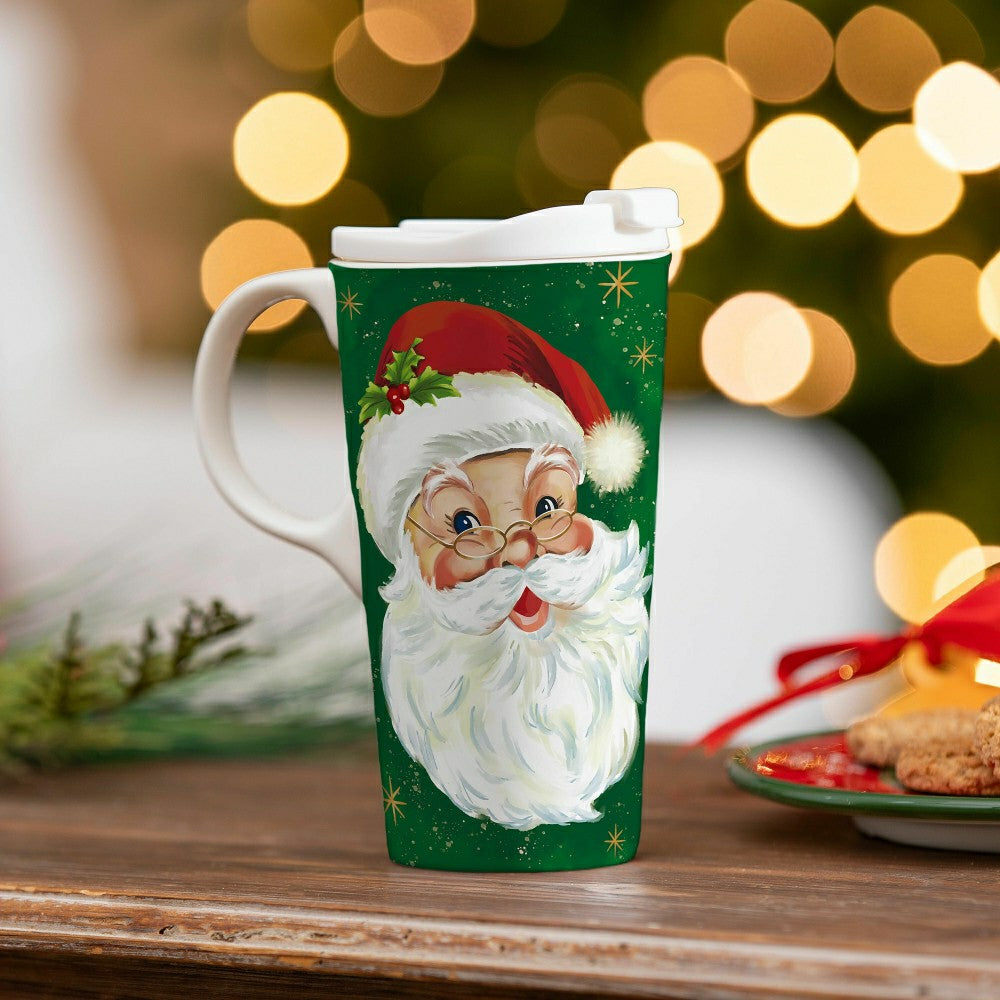 Traditional Santa Travel Cup Ceramic Perfect Cup, Jolly Santa, 17oz, G | Plow & Hearth