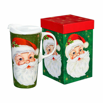 Traditional Santa Travel Cup Ceramic Perfect Cup, Jolly Santa, 17oz, G | Plow & Hearth