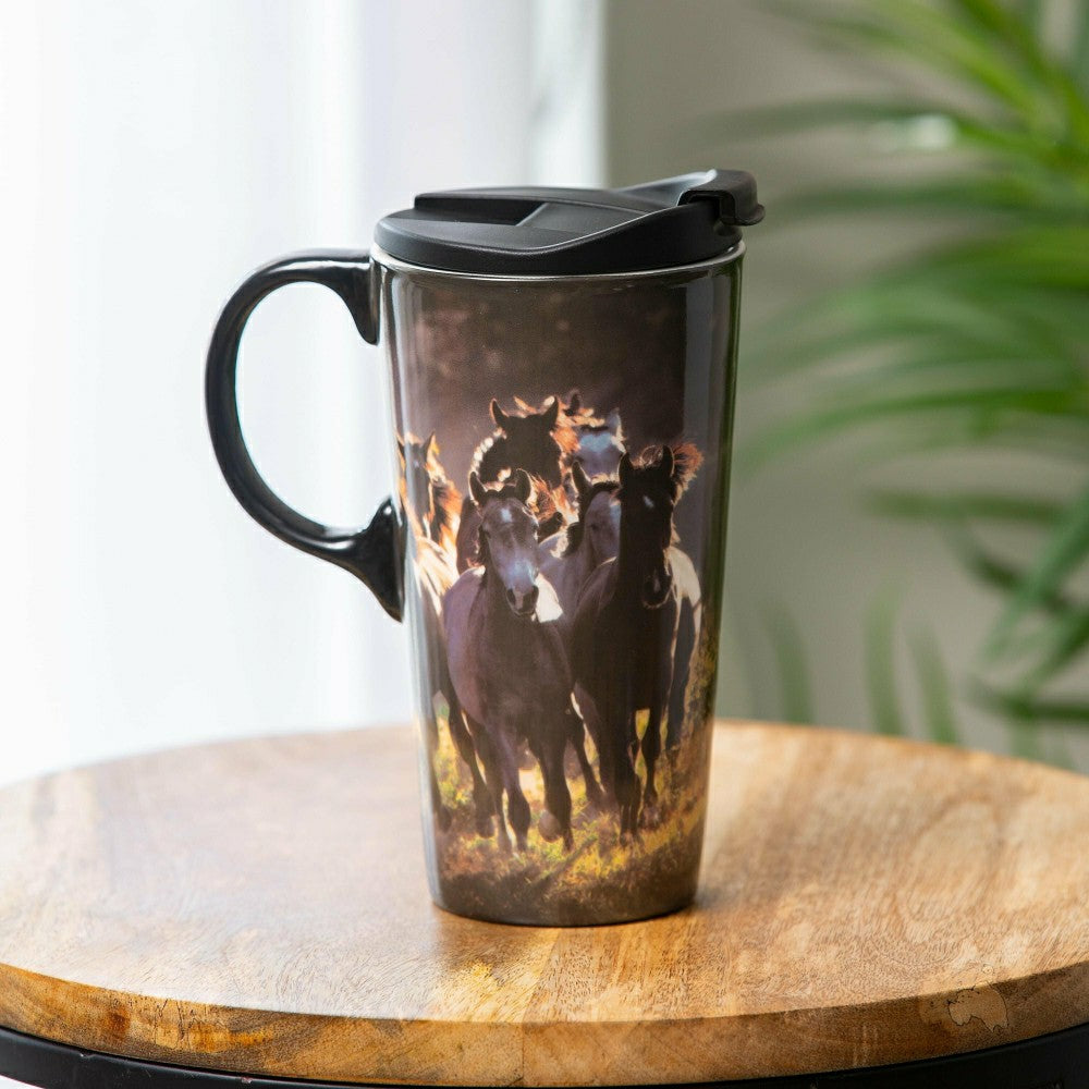 Ceramic Perfect Travel Cup, 17oz, w/ Gift Box, Running Horses | Plow & Hearth