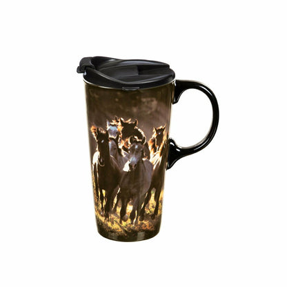 Ceramic Perfect Travel Cup, 17oz, w/ Gift Box, Running Horses | Plow & Hearth
