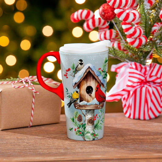 Snowbirds Travel Cup Ceramic Perfect Cup, Birdhouse and Birds, 17oz, G | Plow & Hearth