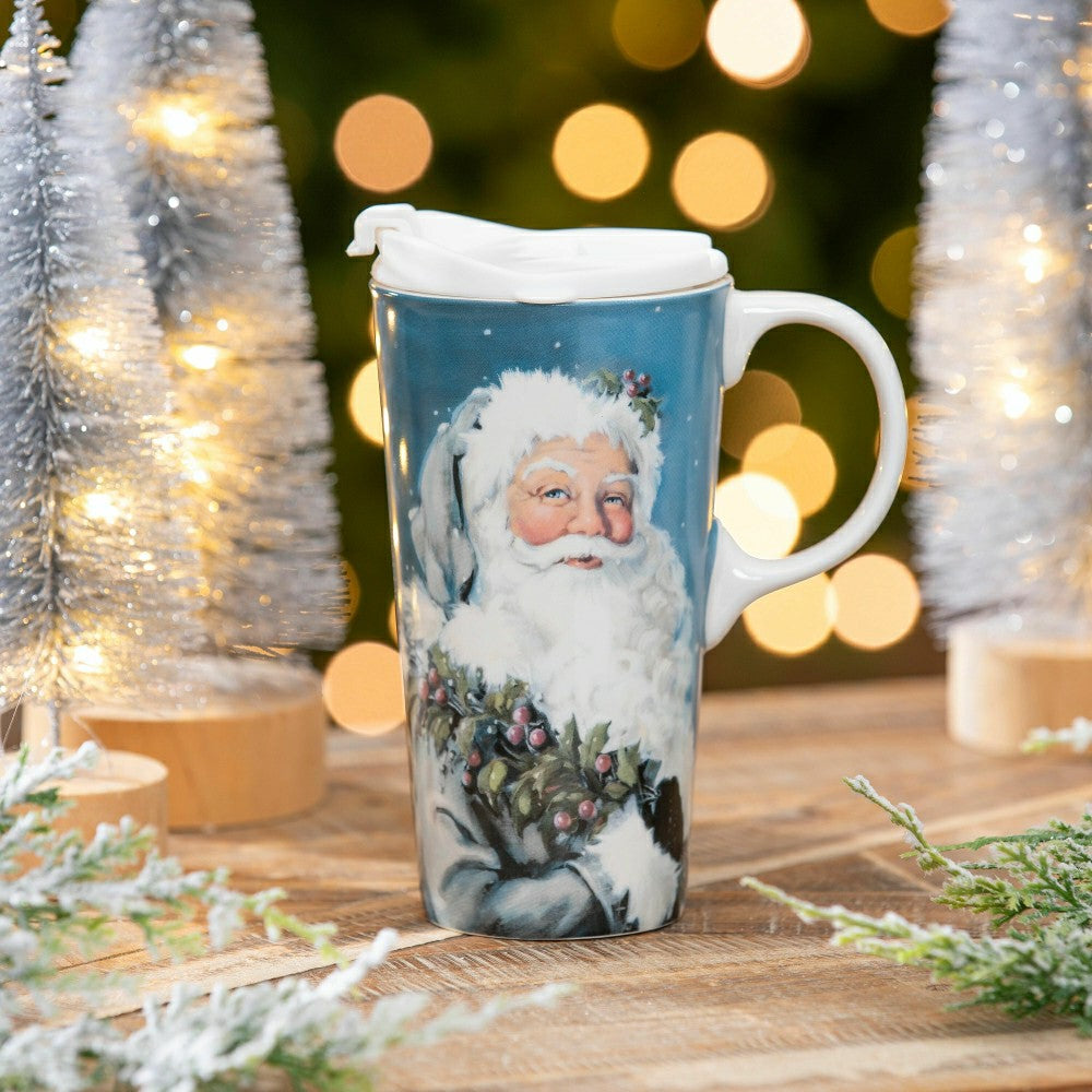 Traditional Santa Travel Cup Ceramic Perfect Cup, Winter Santa, 17oz,  | Plow & Hearth