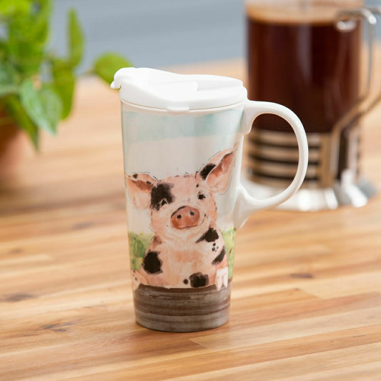 Hillside Pasture Travel Cup Ceramic Perfect Cup, Farm Spotted Pig, 17o | Plow & Hearth