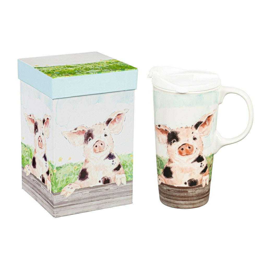 Hillside Pasture Travel Cup Ceramic Perfect Cup, Farm Spotted Pig, 17o | Plow & Hearth