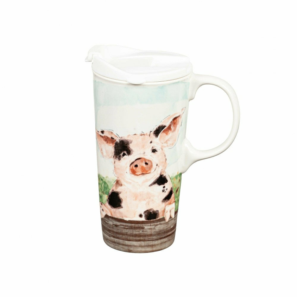 Hillside Pasture Travel Cup Ceramic Perfect Cup, Farm Spotted Pig, 17o | Plow & Hearth