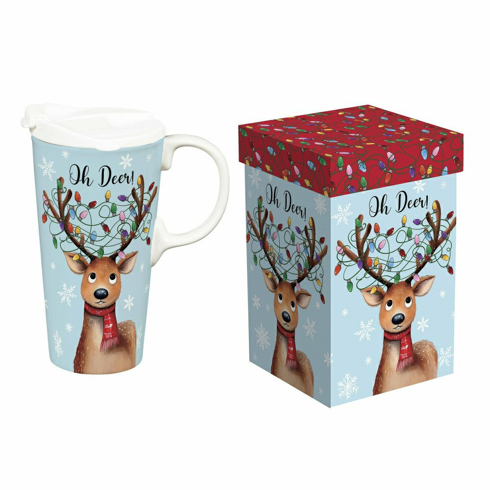Twas The Night Travel Cup Ceramic Perfect Cup, Reindeer, 17oz, Gift Bo | Plow & Hearth