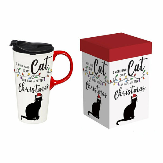 Heartfelt Cheer Travel Cup Ceramic Perfect Cup, Cat, 17oz, Gift Box | Plow & Hearth