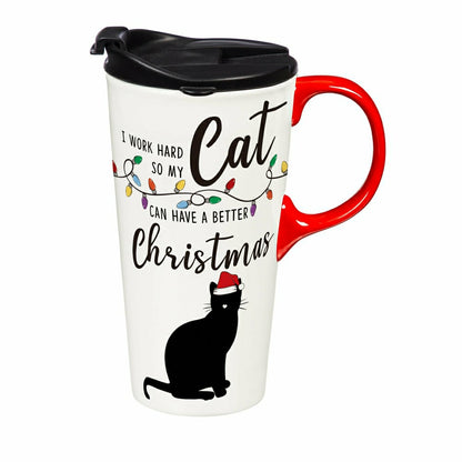 Heartfelt Cheer Travel Cup Ceramic Perfect Cup, Cat, 17oz, Gift Box | Plow & Hearth