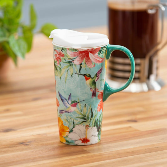 Cottage Garden Travel Cup Ceramic Perfect Cup, Hummingbird Friends, 17 | Plow & Hearth