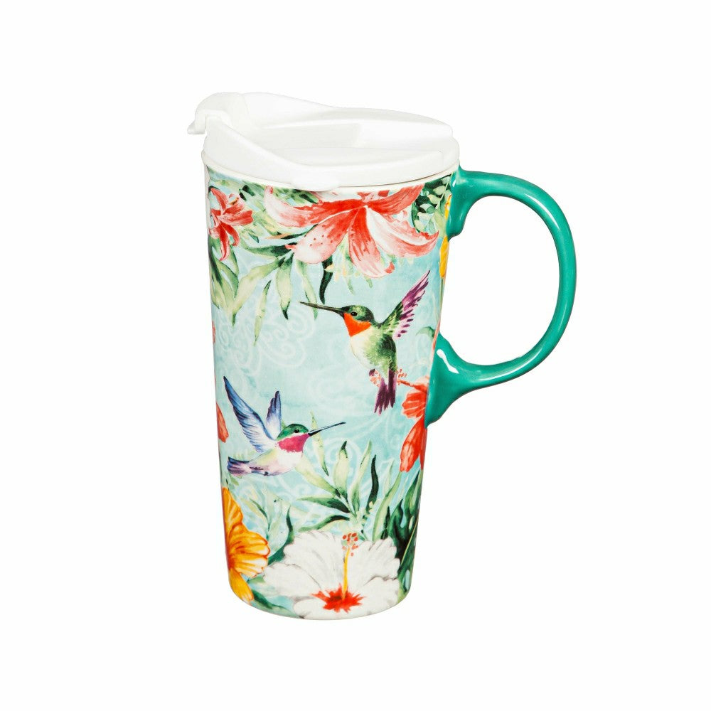 Cottage Garden Travel Cup Ceramic Perfect Cup, Hummingbird Friends, 17 | Plow & Hearth