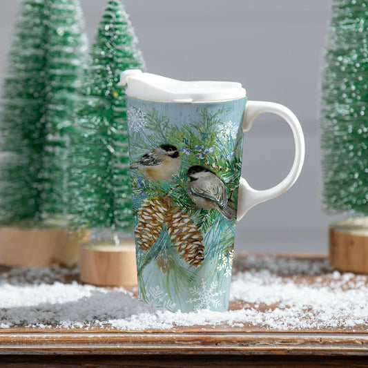 Snowbirds Travel Cup Ceramic Perfect Cup, Winter Frost Chickadees, 17o | Plow & Hearth
