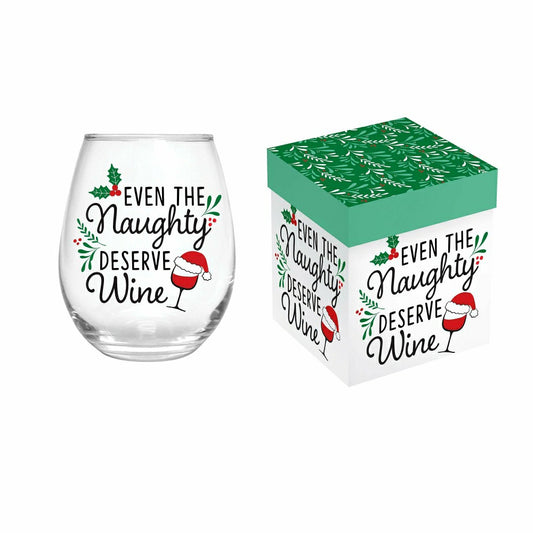 Twas The Night Wine Glass Stemless Glass, Naughty, 17oz, Gift Box | Plow & Hearth
