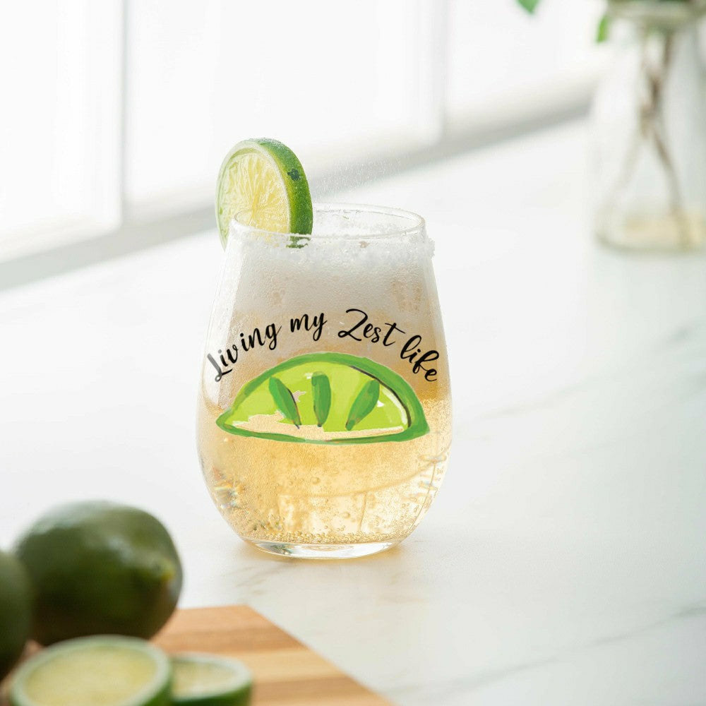 Blue Coastal Wine Glass Stemless Glass, Living My Zest Life, 17oz, Gif | Plow & Hearth