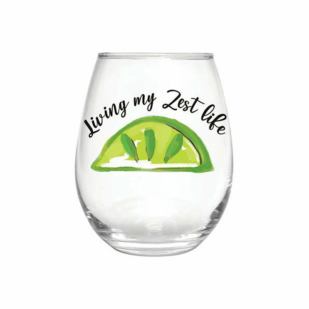 Blue Coastal Wine Glass Stemless Glass, Living My Zest Life, 17oz, Gif | Plow & Hearth