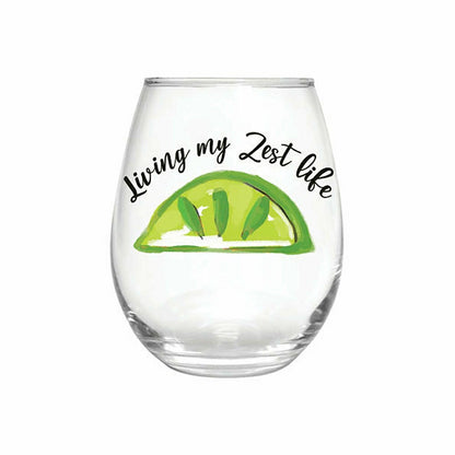 Blue Coastal Wine Glass Stemless Glass, Living My Zest Life, 17oz, Gif | Plow & Hearth