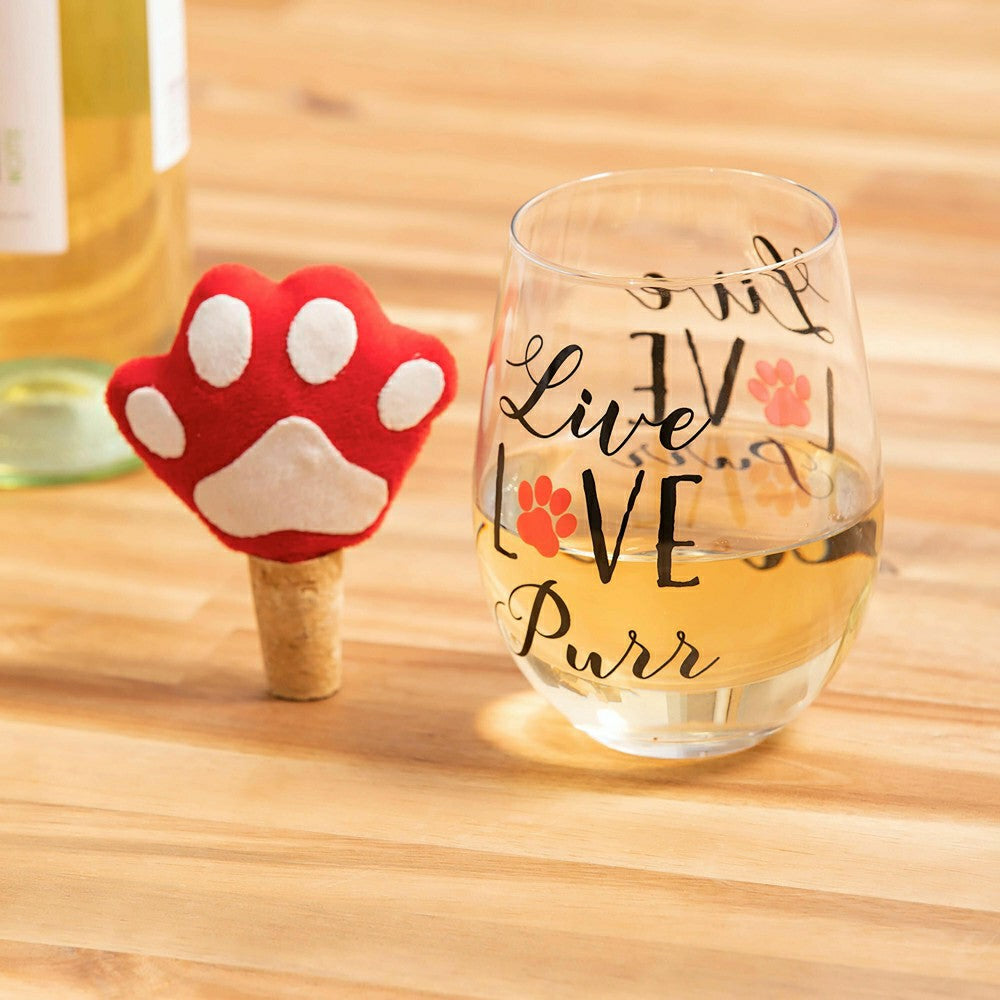 17 OZ Stemless Glass with Paw Print Stopper, Live Love Purr, Gift Set | Plow & Hearth