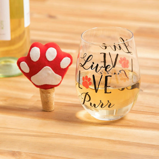 17 OZ Stemless Glass with Paw Print Stopper, Live Love Purr, Gift Set | Plow & Hearth