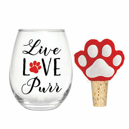 17 OZ Stemless Glass with Paw Print Stopper, Live Love Purr, Gift Set | Plow & Hearth